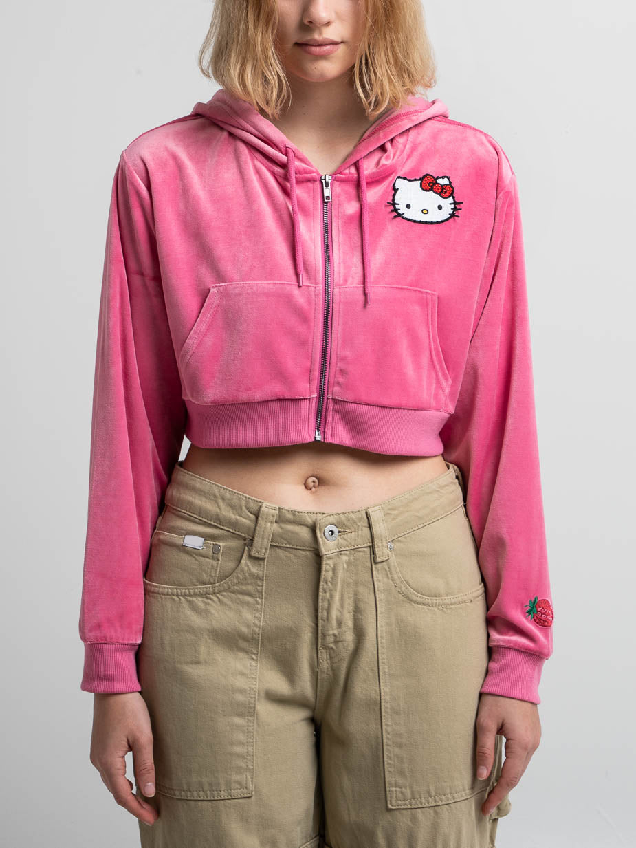 Hello Kitty 50th Anniversary Pink Velour Cropped Hoodie
