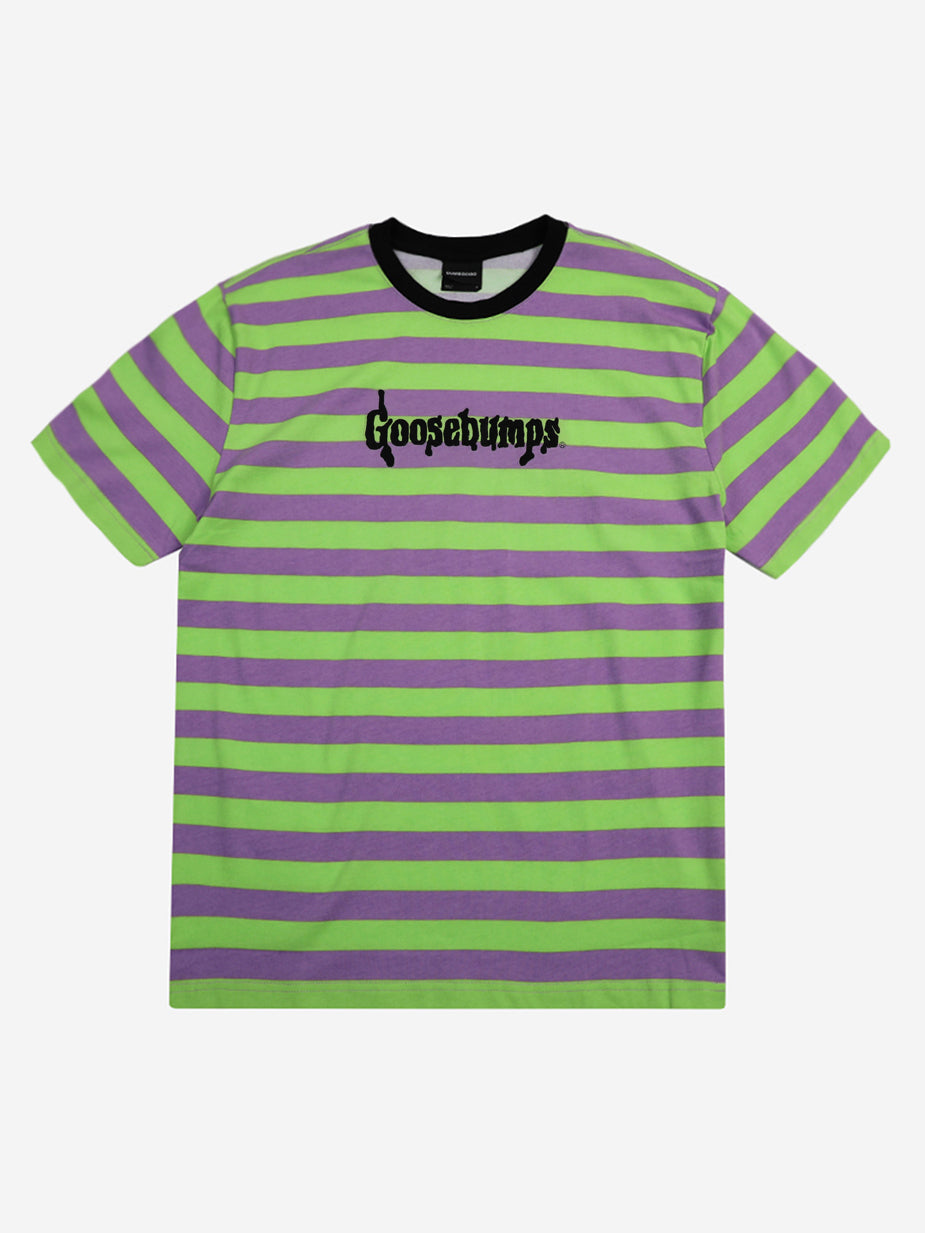 Embroidered Logo Purple and Green Striped Tee